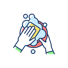 Dishwasher RGB color icon. Ensuring cleanliness and sanitization. Washing dishes and appliances. Kitchen tasks. Job in restaurant. Cleaning kitchen and dining areas. Isolated vector illustration