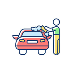 Car washer RGB color icon. Washing and polishing car interiors and exterior. Applying soap solution. Scraping loose dirt. Cleaning tires. Carwash. Cleaning technician. Isolated vector illustration