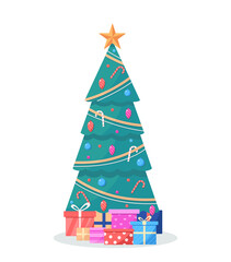 Christmas tree decorated with bright balls, lights and golden star with lots of gift boxes. Vector illustration in flat style for greeting card, poster, banner. Isolated on white background