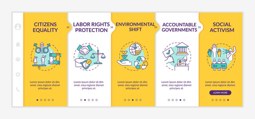 Social change advantages onboarding vector template. Labor rights protection. Environmental shift. Responsive mobile website with icons. Webpage walkthrough step screens. RGB color concept