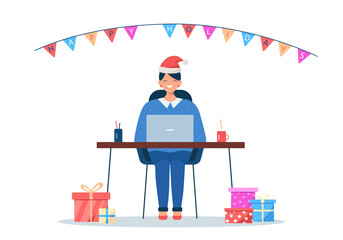 Woman sitting with laptop in Christmas hat. Lots of gift boxes. Christmas office party concept. Cartoon vector illustration isolated on white background with Happy holidays text on flags banner