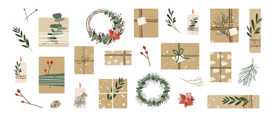 Set of different christmas presents in kraft paper with twine ribbon and wreaths. Rustic gift box. Eco decoration, eucalyptus and spruce. Xmas and New Year celebration preparation. Vector flat style