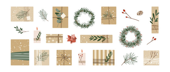Set of different christmas presents in kraft paper with twine ribbon and wreaths. Rustic gift box. Eco decoration, eucalyptus and spruce. Xmas and New Year celebration preparation. Vector flat style