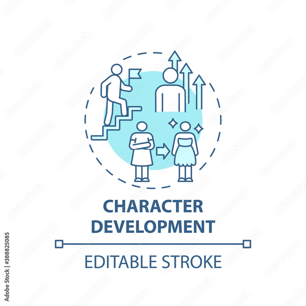 Poster character development concept icon. creative writing elements. during book upgrading. improving to p