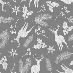 christmas new year holiday pattern with deer branches holly berries