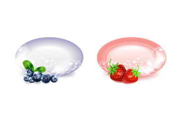 Bar of blue soap and berries in foam and bubbles on a white background.