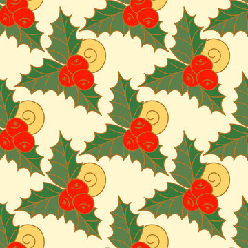 Holly leaves and berries seamless pattern. Holiday packaging, tablecloth, napkins . Hand drawn vector background