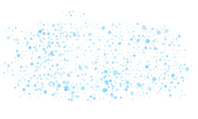 Snowflakes of different sizes and different transparency are randomly scattered over a transparent background. Winter vector background, pattern, design.