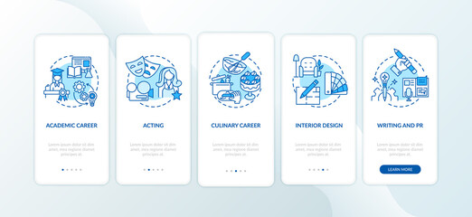 Top careers for creative thinkers onboarding mobile app page screen with concepts. Acting in theatre walkthrough 5 steps graphic instructions. UI vector template with RGB color illustrations