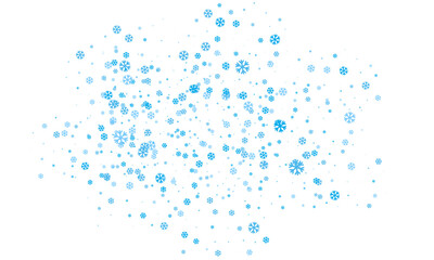 Snowflakes of different sizes and different transparency are randomly scattered over a transparent background. Winter vector background, pattern, design.