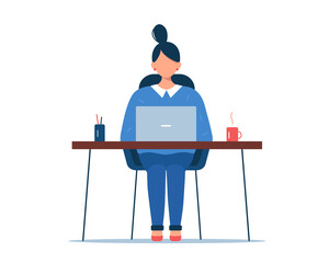 Woman working at laptop. Freelance, online learning, home office, remote work concept. Vector isolated on white background