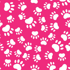 Seamless pattern with white cat paws on pink background.