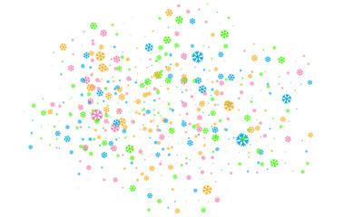 Multicolored snowflakes of different sizes and different transparency are randomly scattered over a transparent background. Winter vector background, pattern, design. Vector .