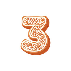 Traditional Christmas gingerbread cookie in the shape of number "3". Vector stock flat illustration isolated on a white background