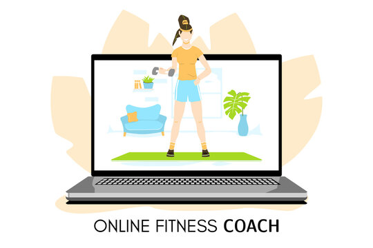 Online sport and fitness coronavirus isolation online trainer. Woman showing how to do exercises. Fitness trainer online concept cartoon vector illustration. 