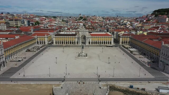 Lisbon, Portugal - Drone view of Commerce Square and Augusta Street Arch in Baixa District