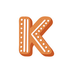 The letter "K" of the Latin alphabet. Christmas ginger sponge cookies in the shape of a letter, decorated with icing sugar or icing. Vector stock illustration isolated on a white background.