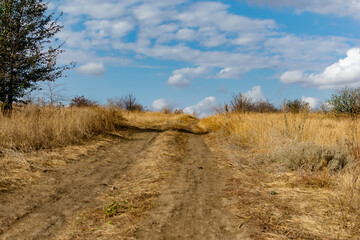 A winding wide road with turns of dust, earth and sand, among dry vegetation and grass. On the background of a beautiful cloudy sky. Yellow drying plants and shrubs around