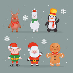 cute christmas characters icon set