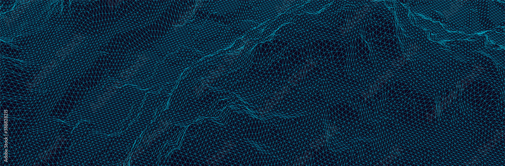 Poster 3d landscape. wireframe triangle surface. virtual computer terrain. thin cyan line mesh. dark sci-fi