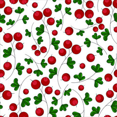 Seamless pattern with red berries and green leaves. Juicy color. Vector graphics.
