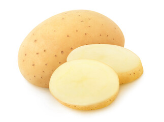 Isolated potato. Whole raw washed potato and two slices isolated on white background