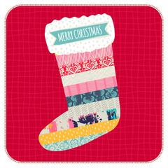 Template greeting card and invitation with a Christmas sock. Freehand drawing. Can be used for scrapbook, banner, print, etc.