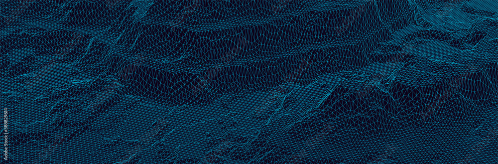 Poster 3d landscape. wireframe triangulated surface. virtual computer terrain. thin cyan line mesh. dark sc