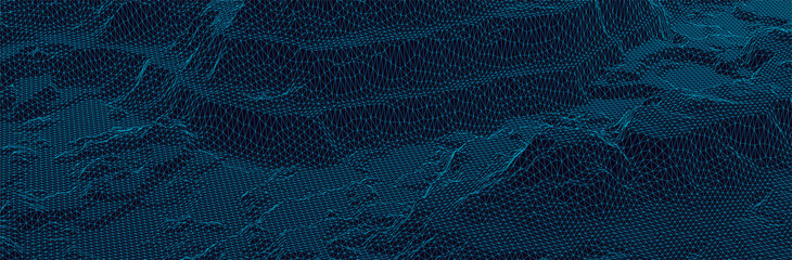 3d landscape. Wireframe triangulated surface. Virtual computer terrain. Thin cyan line mesh. Dark sci-fi background. Vector illustration - obrazy, fototapety, plakaty