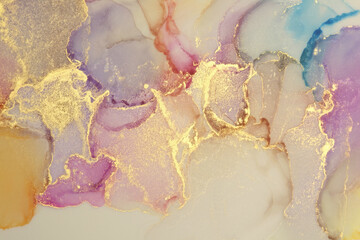 Art Abstract watercolor flow blot painting. Color canvas marble texture background. Gold glitter. Alcohol ink.