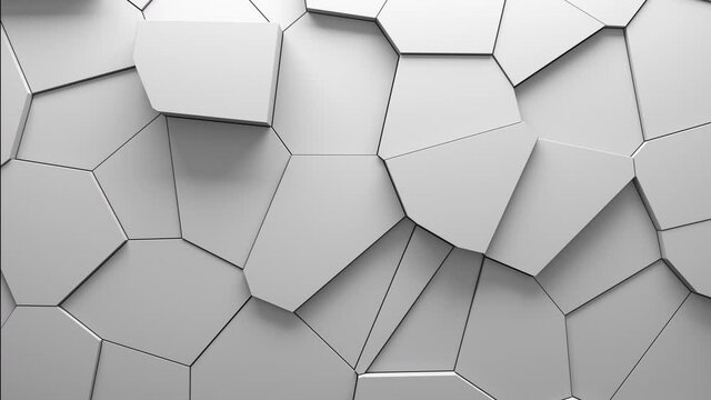 Abstract animation of voronoi blocks moving and extruding. Minimal light clean corporate background. 3D geometric wall loop motion. Polygonal elements cycling displacement video.