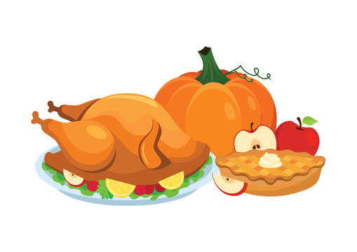 Thanksgiving dinner with roasted turkey and apple pie icon vector. Traditional thanksgiving food icon isolated on a white background. Thanksgiving autumn decoration icon. Autumn food still life vector