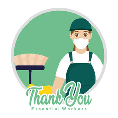 Isolated Cleaning person green thank you essentials workers- Vector