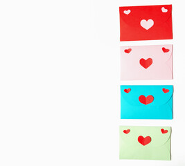Valentine's Day. several envelopes. Writing a love letter. Message.Top view. copy space.Valentine concept. White background
