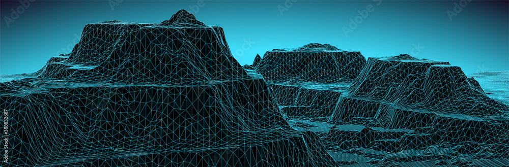 Wall mural 3d landscape. Wireframe triangular surface. Virtual computer terrain. Thin blue line mesh. Dark sci-fi background. Vector illustration