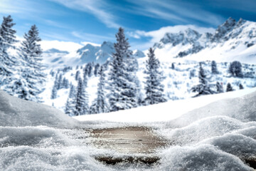 Desk of free space and winter landscape 