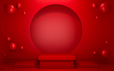 Red podium japanese show cosmetic product geometric japanese style .3D rendering