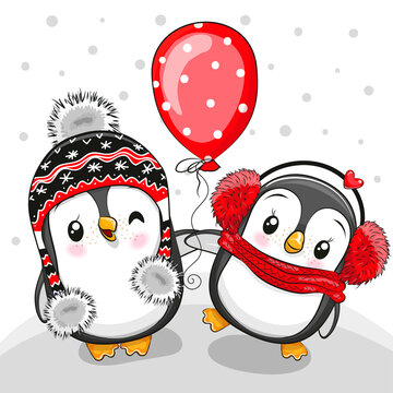 Two cute Cartoon penguins with balloon