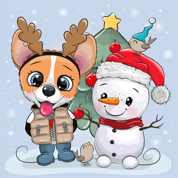 Cartoon Puppy with antlers and snowman