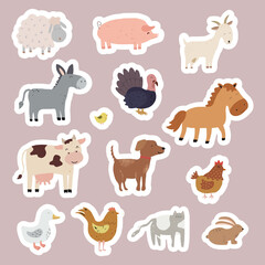 Set of stickers with farm animals. Collection of funny pets and different stylized domestic animals. Vector illustration for children. Zoo.