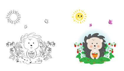 Vector illustration of cartoon style with cute hedgehog with a basket of berries.Children's coloring book.