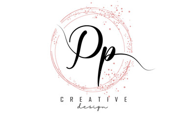 Handwritten Pp P p letter logo with sparkling circles with pink glitter.