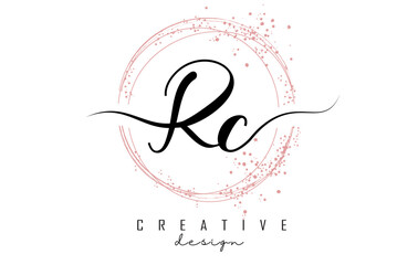 Handwritten Rc R c letter logo with sparkling circles with pink glitter.
