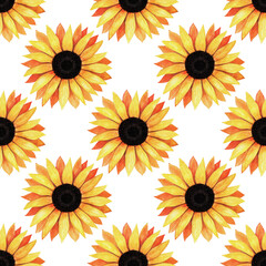 Hand drawn seamless pattern of yellow blooming sunflowers. Bright sunny flowers. Decorative colorful autumn watercolor illustration for design card, invitation, wallpaper, wrapping paper, fabric
