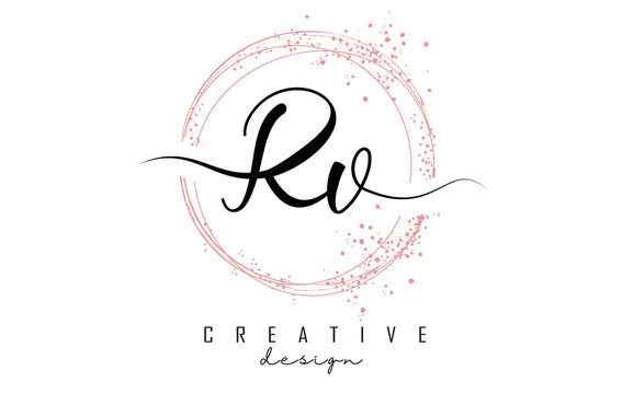 Handwritten RV R V letter logo with sparkling circles with pink glitter.