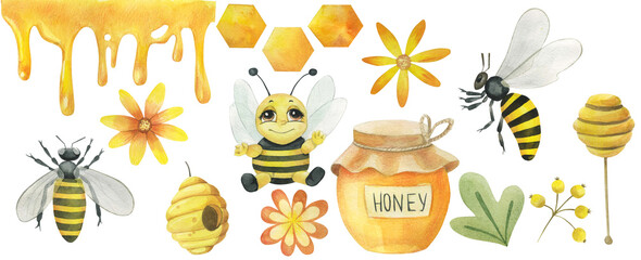 Watercolor clipart flowers, honey and bees 