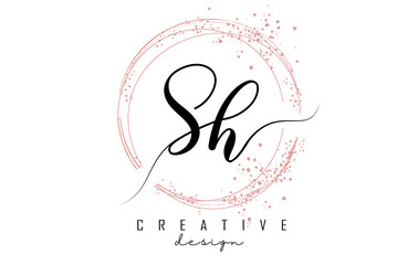 Handwritten SH S H letter logo with sparkling circles with pink glitter.