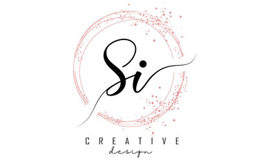 Handwritten Si S i letter logo with sparkling circles with pink glitter.