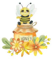 Watercolor illustration of honey and bee on white background