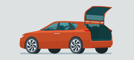Modern CUV car with open trunk isolated. Vector flat style illustration.